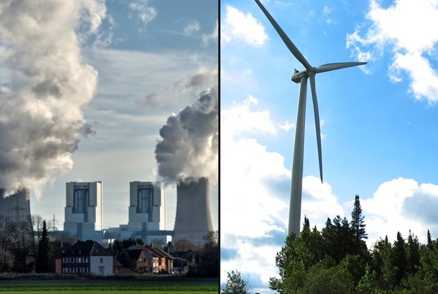 Power plant cooling towers and a wind turbine