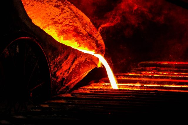 Red-hot steel in a steel plant
